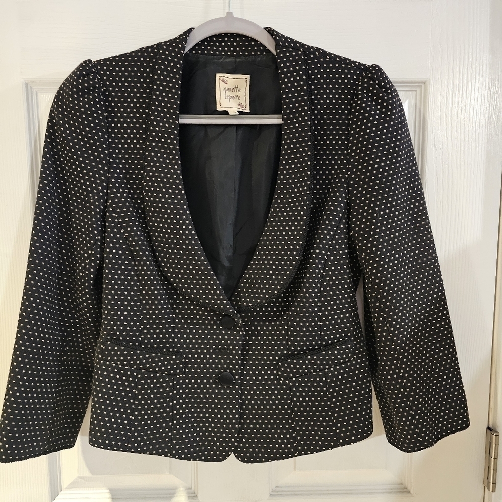 (VTG) NANETTE LEPORE •  Black Embroidered Dot Pattern Wool Blazer Sz 10